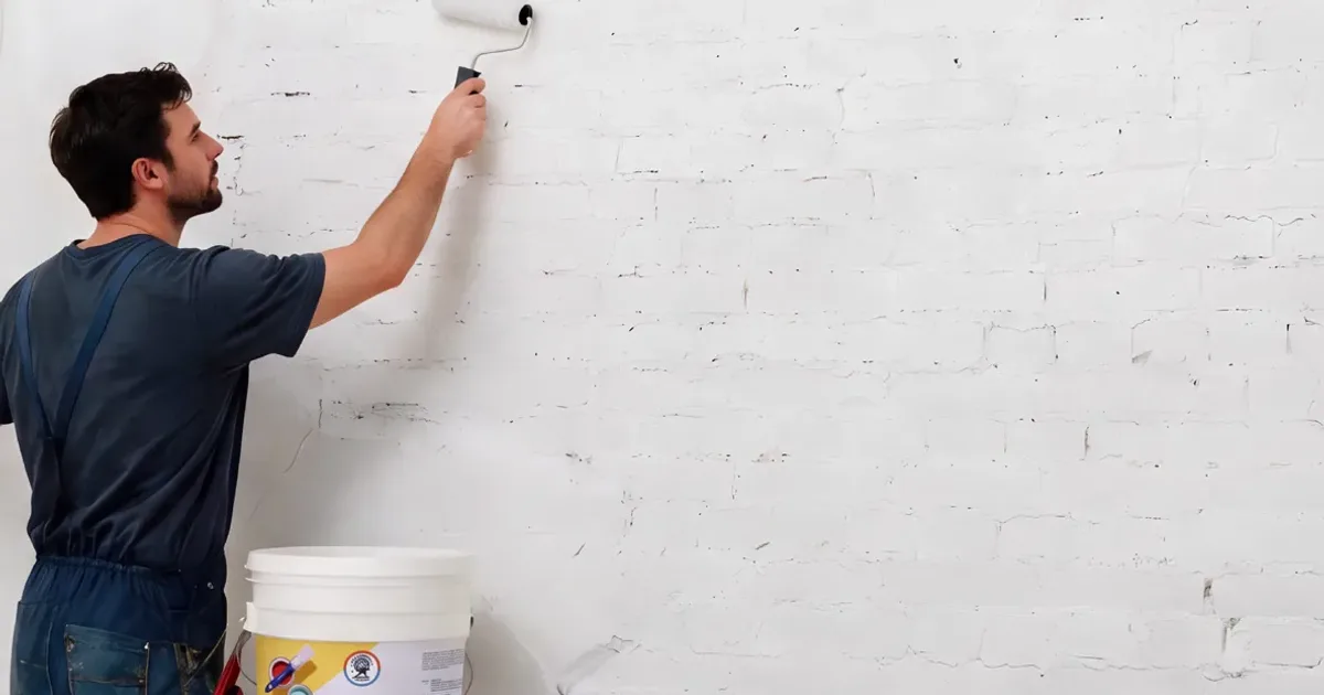 Pintor aplicando látex con rodillo sobre un muro blanco, con un balde de pintura a su lado