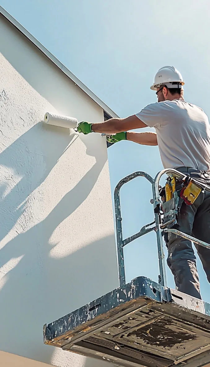 Pintor sobre una plataforma aplicando pintura en una fachada